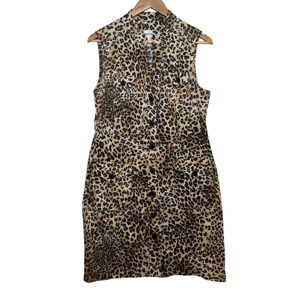 Chico;s Animal Print Cotton Blend Leopard Sleeveless Button Shirt Dress Pockets
